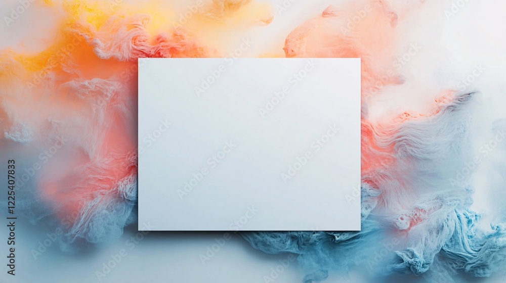 Poster white blank horizontal paper surrounded by colorful smoke pattern