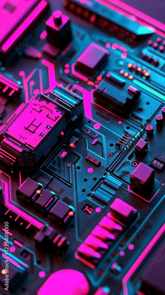 Poster close-up view of a circuit board illuminated by vibrant pink and blue lights in a dark setting