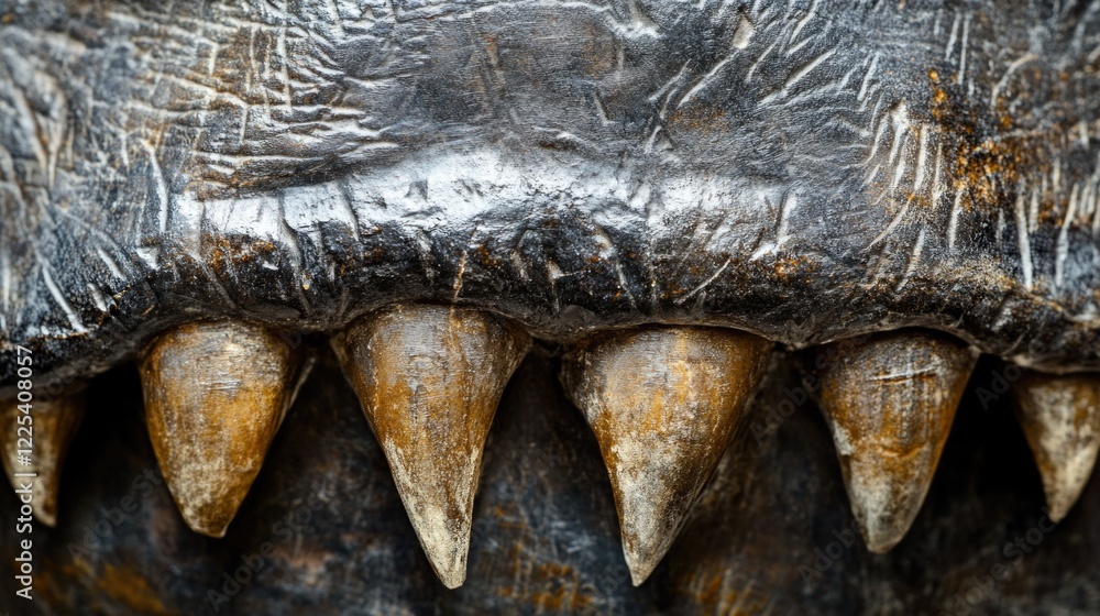 Poster close-up of megalodon tooth texture displaying jagged edges and worn surfaces in earthy tones agains