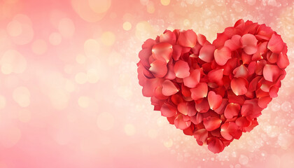 Romantic heart shape made of delicate red rose petals floating in a dreamy bokeh pink background, perfect for love, valentine's day, romance, and affection