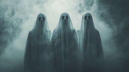Three ethereal ghosts in a dimly lit room surrounded by fog, creating an eerie atmosphere with ample copyspace for messaging.