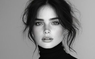Minimalist Portrait of Enigmatic Woman in Black Turtleneck with Piercing Gaze