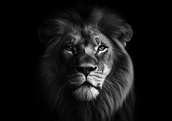 Naklejka premium Powerful and majestic black and white lion portrait with intense gaze, detailed fur texture, and dramatic lighting on a dark background, symbolizing strength, leadership, and courage
