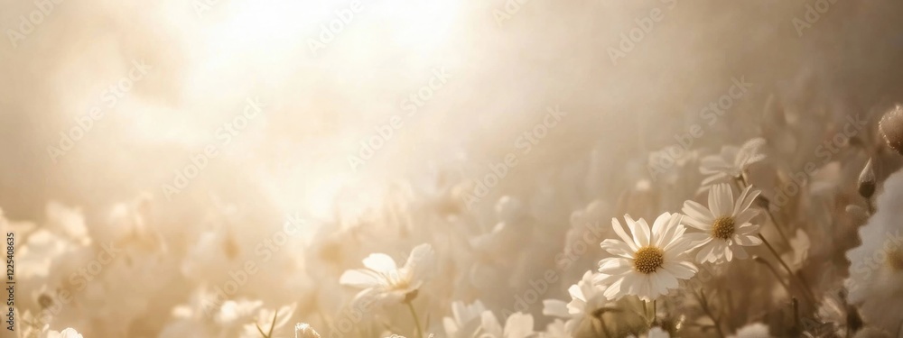 Poster chamomile flowers blooming in soft morning light with delicate bokeh and neutral tones creating sere