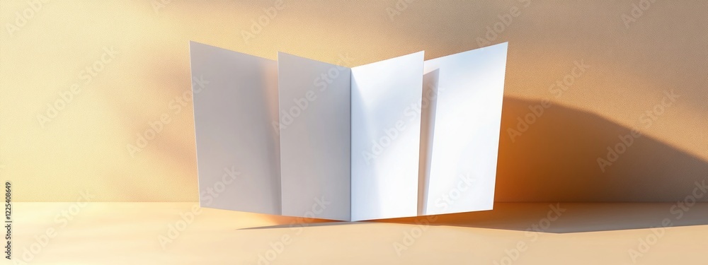 Poster elegant white brochure and tri-fold mockup on smooth surface with light amber gradient background an