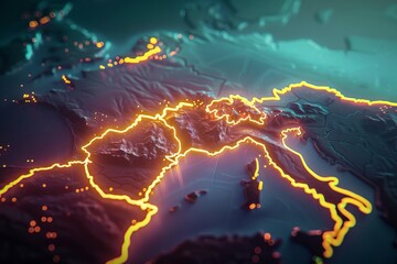 Glowing geopolitical map of the middle east and europe