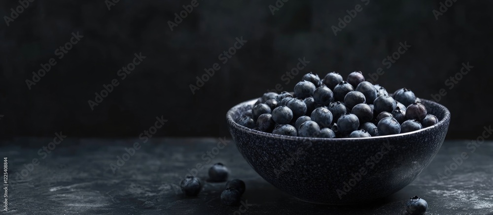 Poster cereal bowl filled with fresh blueberries on dark textured background with ample copy space for text