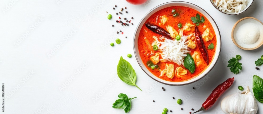 Poster charming red curry with white ingredients in a bowl on a white background featuring green herbs and 