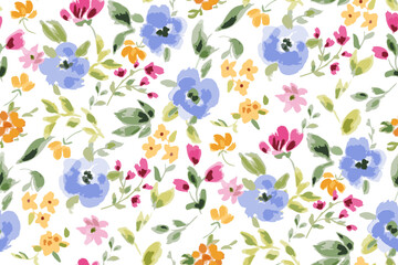 Cute feminine seamless watercolor pattern with little tiny wildflowers, hand drawn, not AI