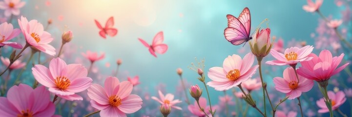 Abstract pastel butterflies fluttering amongst flowers, design, floral, flowers