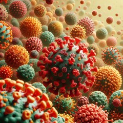 Obraz premium Close-up view of a digitally created image depicting a multitude of viruses and bacteria of varying shapes 