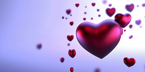 Many red hearts floating on purple background representing love and valentine's day. 3d rendering of multiple heart