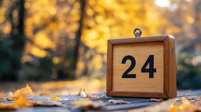 Wooden calendar showing the number 24 in a golden autumn landscape with fallen leaves and soft bokeh background creating inviting empty space for text