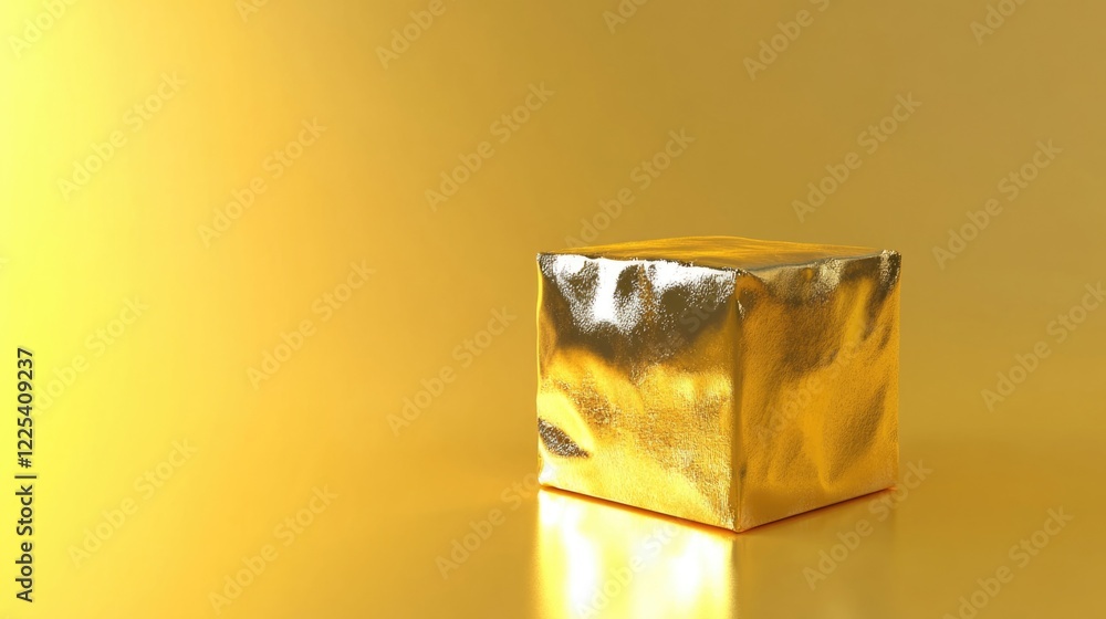 Poster golden wrapped 3d cube gift on a bright yellow background with smooth surface and empty space for te