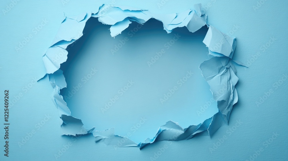 Poster textured torn blue paper frame on soft blue background with empty central space for text or design e