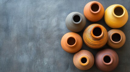 Handcrafted Clay Vases in Warm Earthy Tones on Textured Gray Surface with Copy Space for Creative Use