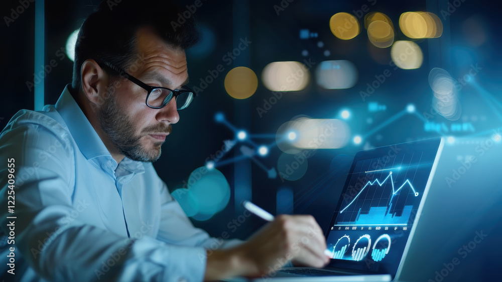 Aufkleber focused man analyzing data on laptop with graphs and charts, illuminated by city lights. scene conve