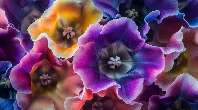 The sumptuous petals of gloxinia flowers unfold gracefully, revealing intricate details and a blend of vibrant hues.