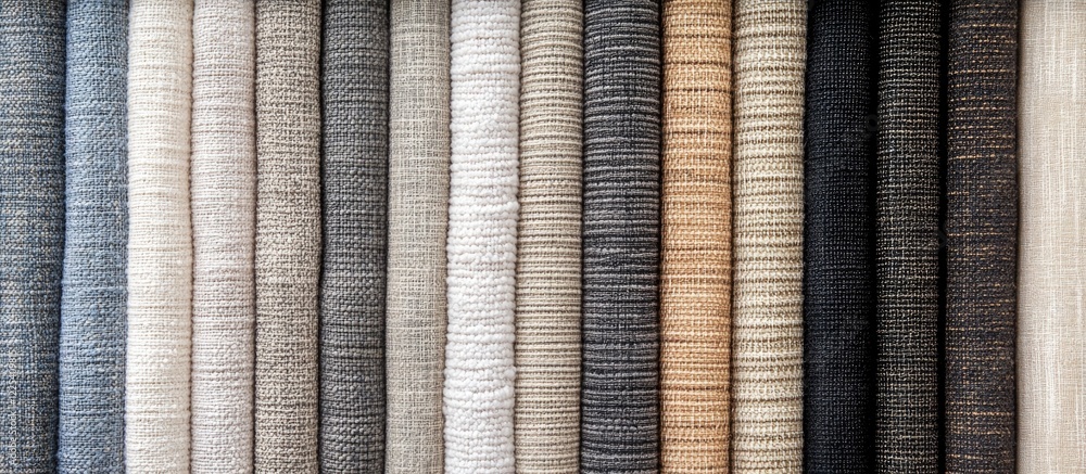 Poster diverse collection of fabric samples in shades of gray beige and cream arranged neatly on a surface 
