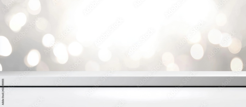 Poster bright blurred white background with soft lights festooned over an elegant product display shelf fea