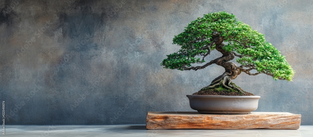 Poster bonsai tree in a ceramic pot on natural wood table against a textured gray background with ample cop