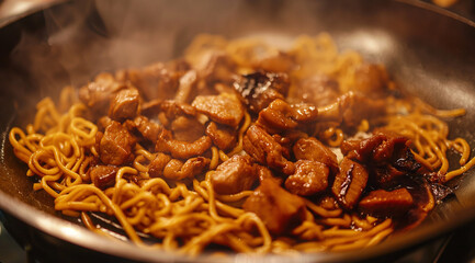 Fototapeta premium Food Photography of Noodles with Braised Meat in a Pan, Featuring Rich Textures and Vibrant Colors for Culinary and Recipe Projects