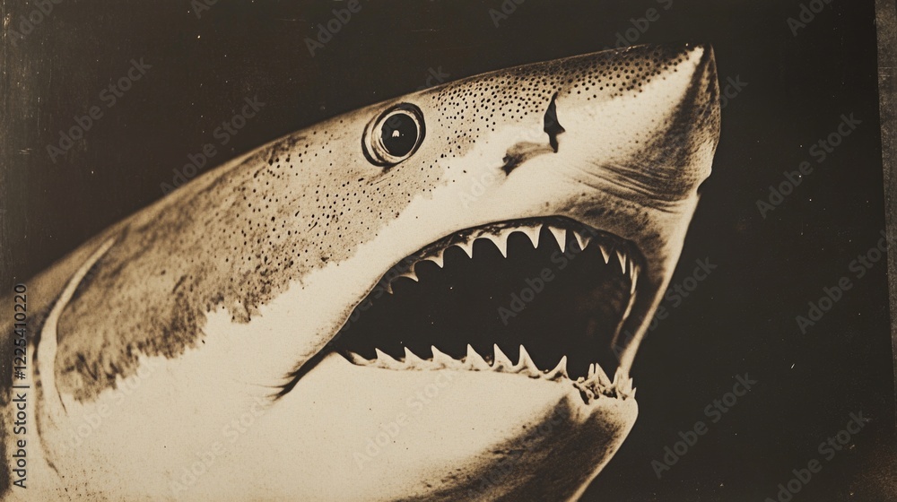 Poster close-up of a shark's head with open mouth showing sharp teeth in monochrome tones, featuring empty 