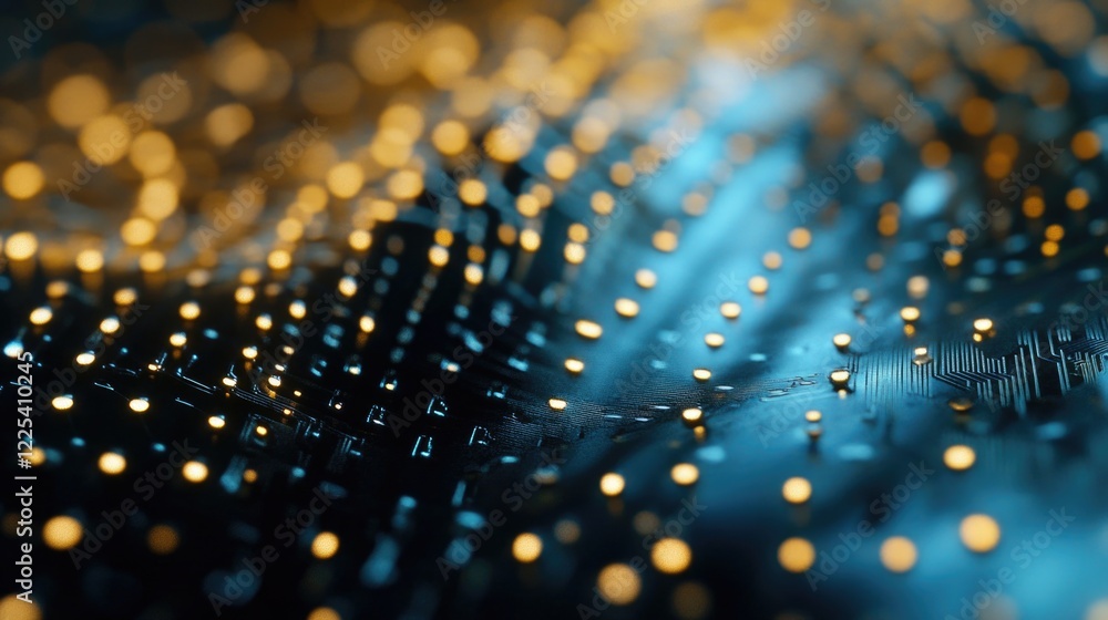 Poster close-up of a microprocessor showcasing advancements in quantum computing with glowing yellow and bl