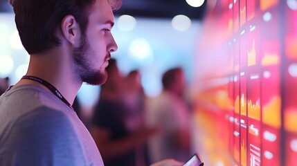 Futuristic interactive workshop badges showcasing attendee profiles and contributions