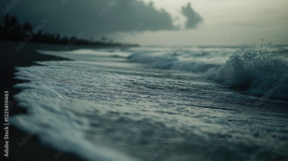 Poster serene close up of dark ocean waves gently crashing on tropical shore with soft foam and deepening a