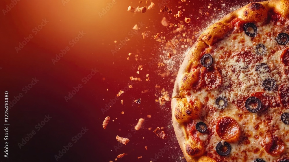 Poster delicious close-up of pizza with melting cheese and pepperoni on a dark red background, capturing dy
