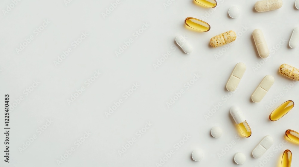 Poster diverse herbal and dietary supplements pills and capsules in various shapes and colors on a clean wh