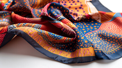 Designer silk scarf with an intricate pattern, laid flat on a white surface.