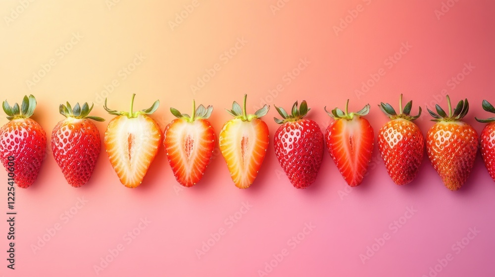 Poster colorful ripe strawberries in a gradient background featuring juicy red and yellow strawberries arra