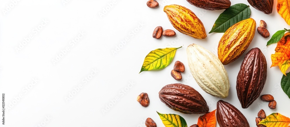 Poster fresh cacao fruit composition with colorful cocoa beans and green leaves isolated on white backgroun