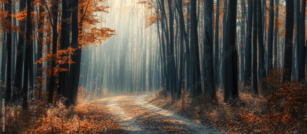 Poster serene autumn forest road with blurred trees in motion and warm orange foliage creating a tranquil a