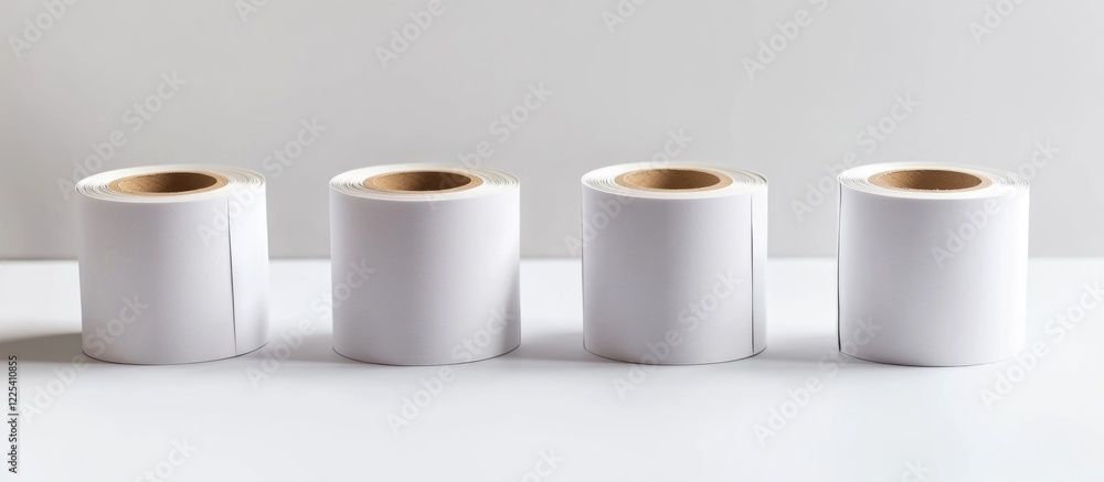 Poster four rolls of blank labels with empty white background positioned in a row ideal for customizable te