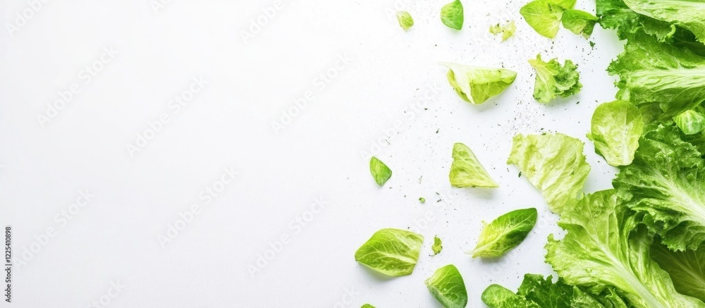 Poster vibrant fresh green lettuce leaves scattered on a clean white background with ample empty space for 