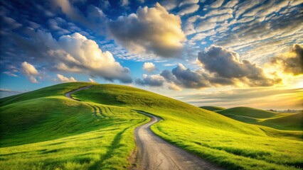 Serene Country Road Winding Through Lush Green Rolling Hills Under a Dramatic Sunset Sky