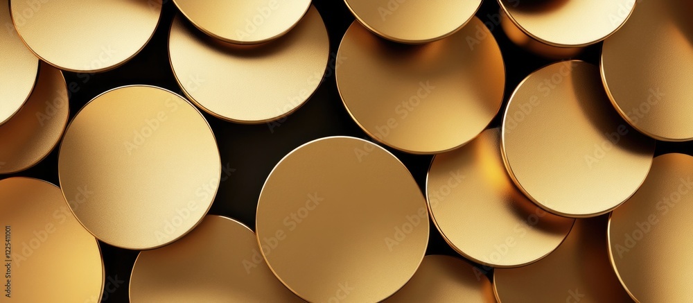 Poster elegant graphic design featuring a multitude of gleaming gold circles with shadow effects on a black