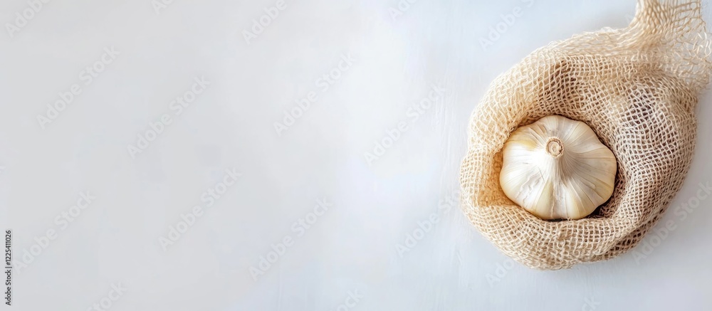 Poster fresh garlic bulb wrapped in a natural mesh bag on a bright white background with ample copy space f