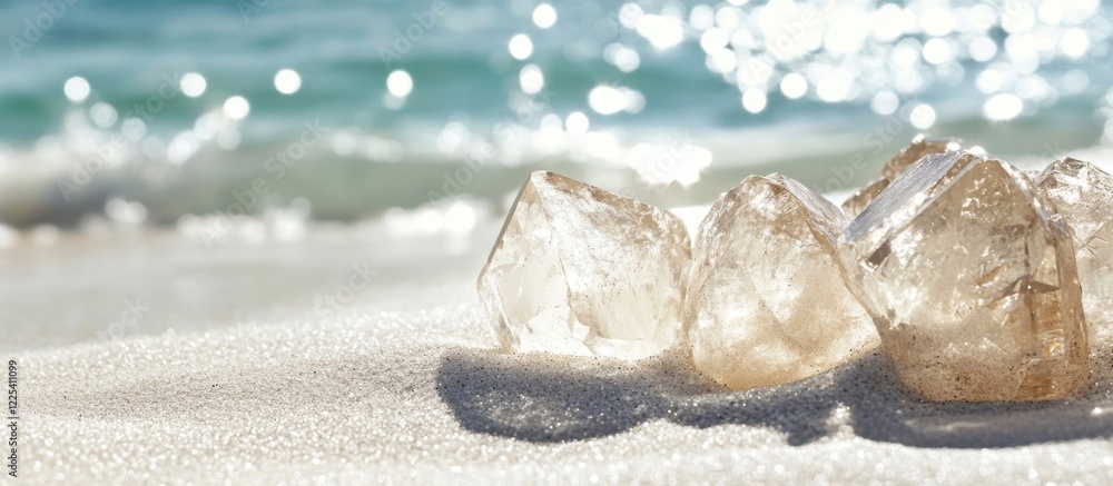 Poster close up of shimmering crystal pieces on white sand beach with turquoise ocean waves in background a