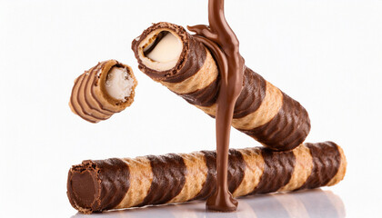 Wafers Roll covered in chocolate inside on a white background. ai generated