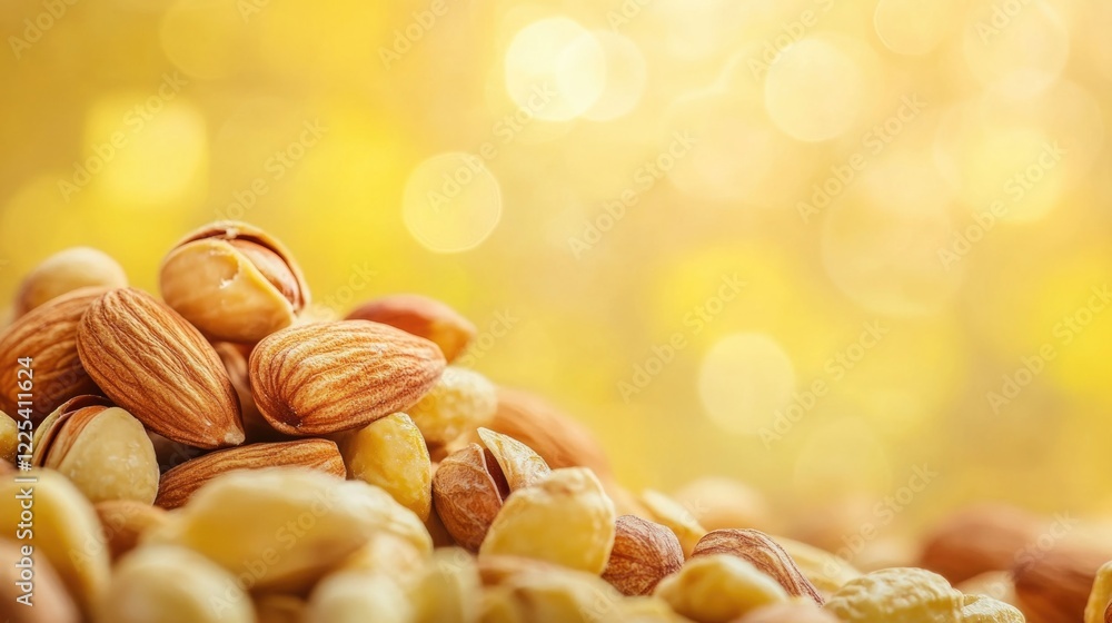 Poster scattered assorted nuts including almonds and pistachios on a vibrant yellow blurred background with