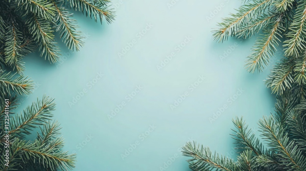 Poster pastel blue background with fir branches creating a minimalistic christmas frame and soft bokeh effe
