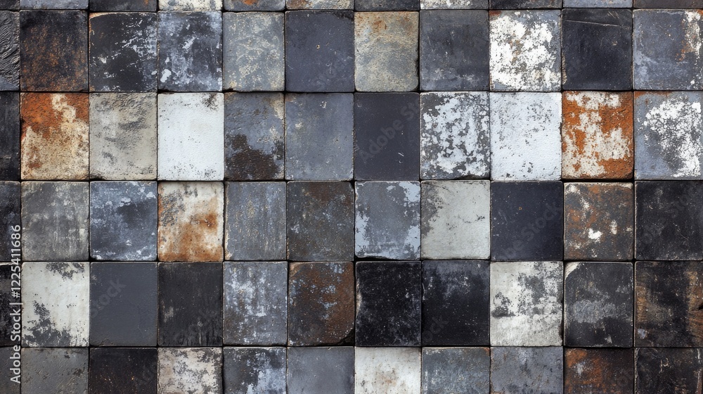 Poster gray and brown patchwork tile stone wall texture with shabby distressed surfaces creating a rustic a