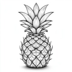A detailed black and white illustration of a pineapple, showcasing its intricate leaves and textured skin.