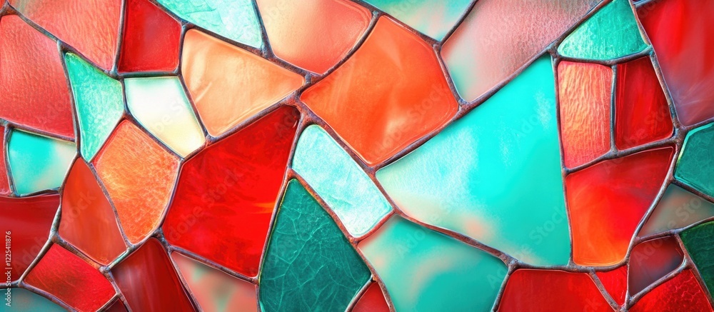 Poster vibrant red and aqua stained glass abstract seamless texture background with colorful mosaic pattern