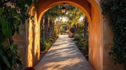 Fototapeta premium Scenic Outdoor Archway Passageway Illuminated by Bright Midday Sunlight Surrounded by Lush Greenery and Colorful Flowers in Garden Setting