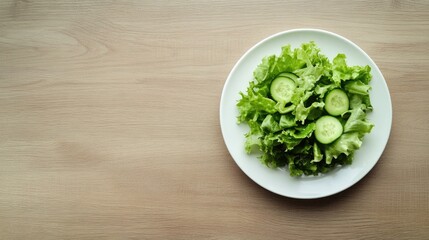 Obraz premium Fresh Green Salad Featuring Crisp Lettuce and Cucumber Slices on White Plate Placed on Light Wooden Table with Ample Copy Space for Food Branding